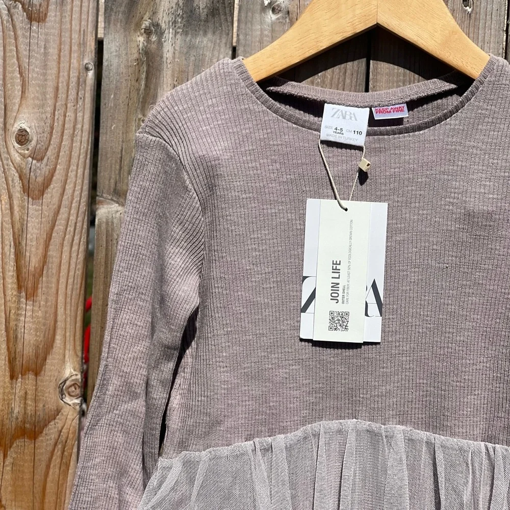 Zara Tulle Ribbed Long Sleeve Bodysuit NWT